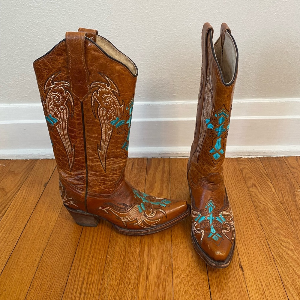 Circle G brown and teal cross cowboy boots